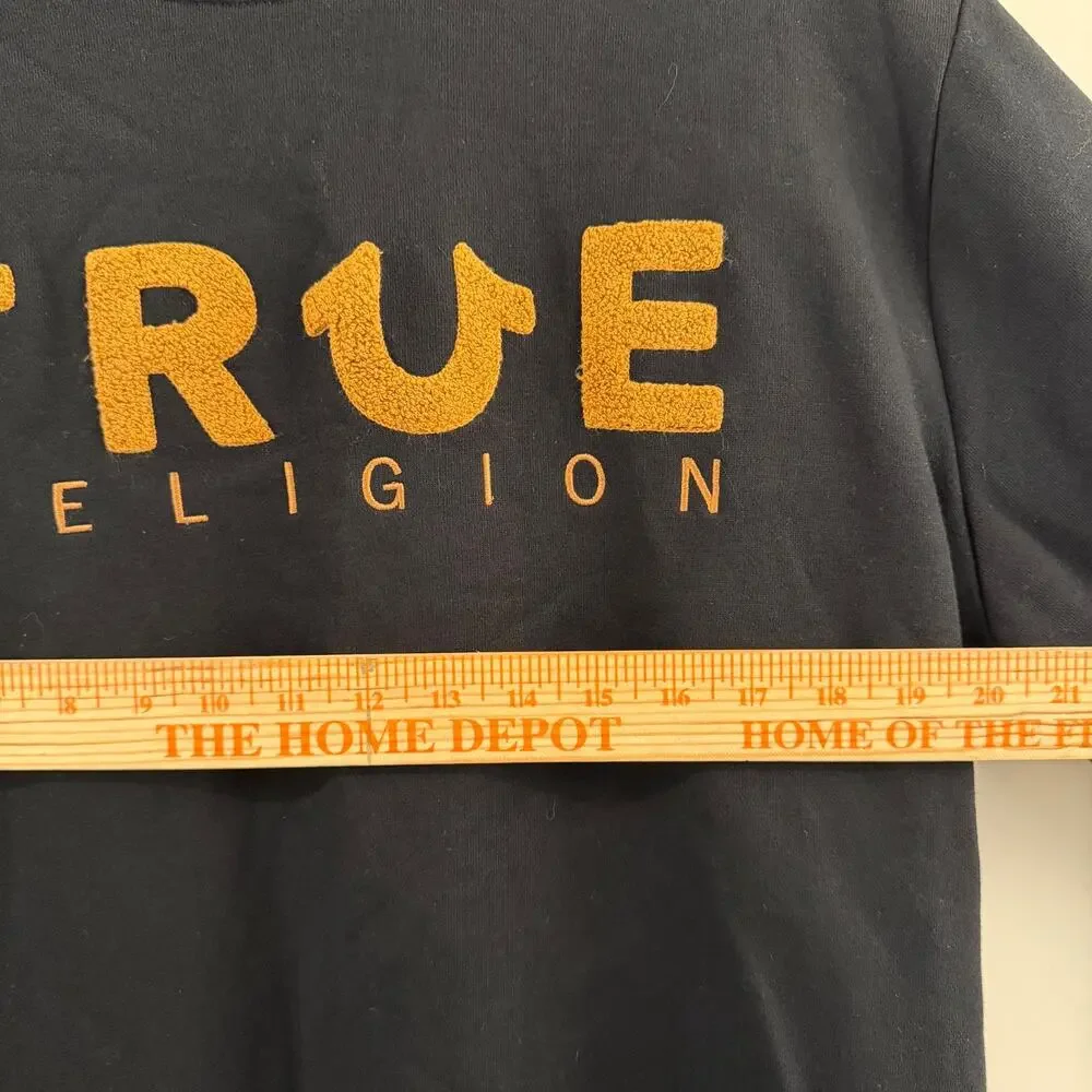 True Religion Black Chenille Logo Striped Hem Sweatshirt (Size 2XL - Runs Small)